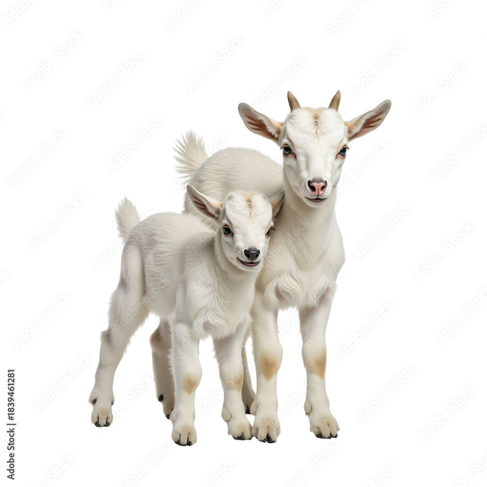 Fototapeta premium Charming companionship: Two adorable white baby goats posing together closely