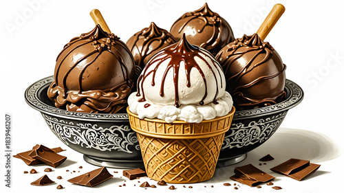 creative concept of waffle cone with vanilla chocolate ice cream, isolated on white background	
