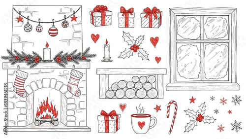 Charming Hand-Drawn Christmas Decorations and Cozy Winter Holiday Elements Collection in Coquette Whimsical Chalk Doodle Crayon Style