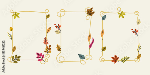 Elegant autumn (Fall) leaves rectangular frames set. Minimal modern aesthetic seasonal design template. Vector illustrations.