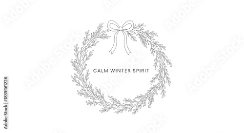 Elegant Winter Wreath Line Art with Ribbon isolated on a transparent background