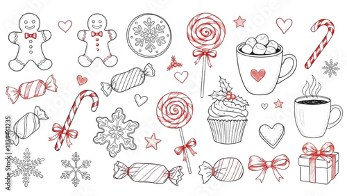 Christmas and New Year Drawings of Sweets, Toys, and Gifts in Coquette Whimsical Chalk Doodle Crayon Style