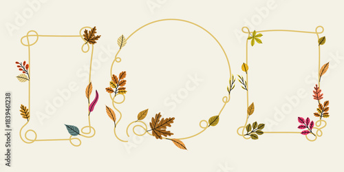 Elegant autumn (Fall) leaves rectangular and round frames set. Minimal modern aesthetic seasonal design template. Vector illustrations.