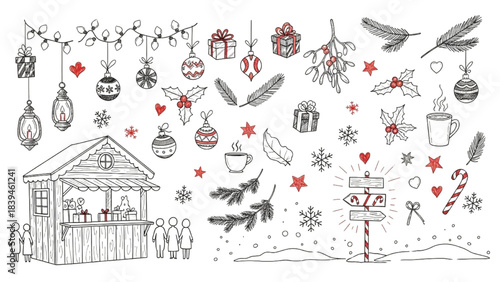 Christmas Market Scene in Coquette Whimsical Chalk Doodle Crayon Style with Festive Decorations and Winter Elements