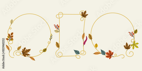 Elegant autumn (Fall) leaves rectangular and round frames set. Minimal modern aesthetic seasonal design template. Vector illustrations.
