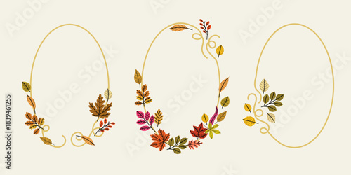 Elegant autumn (Fall) leaves oval frames set. Minimal modern aesthetic seasonal design template. Vector illustrations.
