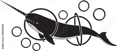 Mysterious narwhal with tusk and bubbles in artistic silhouette