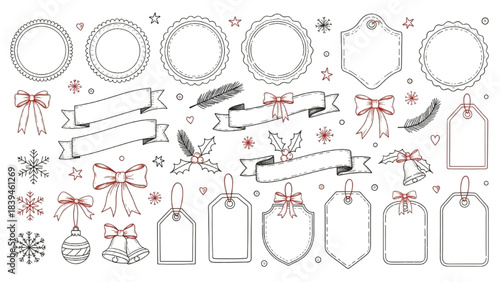 Collection of Christmas and New Year’s Decorative Elements in Coquette Whimsical Chalk Doodle Crayon Style, Perfect for Holiday Design