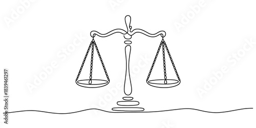 Scales of justice line art isolated on white, symbolizing legal fairness, balance, equilibrium, and ethical decision-making in law and society. a classic symbol. Vector, illustration