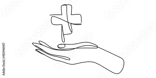 Continuous line art of a human hand gently holding a medical cross symbol, representing care, healthcare, and wellbeing, isolated on white background. Vector, illustration