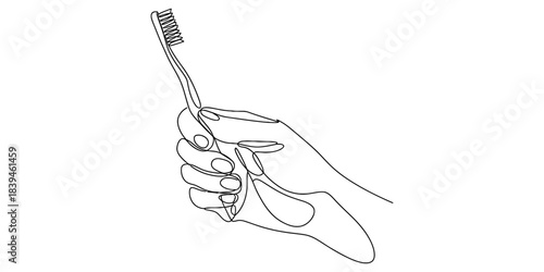 Continuous line drawing of a hand holding a toothbrush, isolated on a white background, symbolizing dental hygiene and personal care routines, minimalistic art style. Vector, illustration