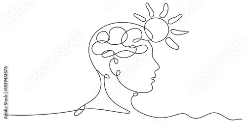 Continuous line drawing of a human head profile with abstract brain and a bright radiating sun, symbolizing mental well-being, inspiration, and creative thinking. Vector, illustration