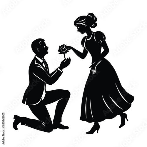 Man Proposing to Woman with Rose Silhouette couple kneeling
