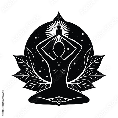 Silhouette of Person Meditating in Lotus Pose with Cosmic Background meditation yoga
