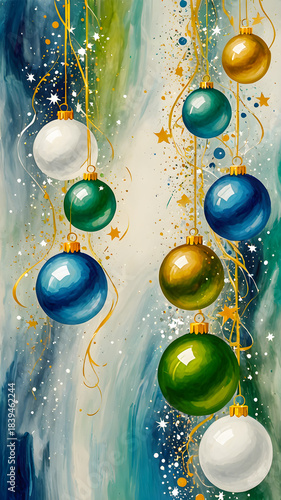 Christmas balls on a Christmas tree branch.blue gold Christmas background	