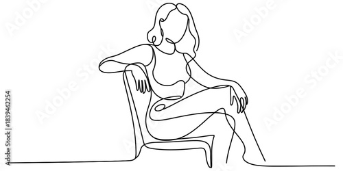 Continuous one line drawing of a confident woman sitting elegantly in a chair, minimalist art style, female silhouette, simple linear artwork. Vector, illustration