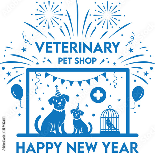 Happy new year veterinary pet shop celebration festive vector illustration with dogs, fireworks, and party decorations for pet care and holiday greetings