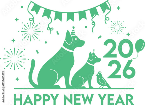Happy new year 2026 celebration with two dogs and a bird in party hats, festive green illustration with fireworks and banner