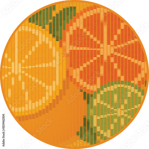 Rhinestone halftone dot art vector of citrus fruit slices. Mosaic orange lemon and lime circle composition. Summer fresh food pattern texture background. Stylized art design.
