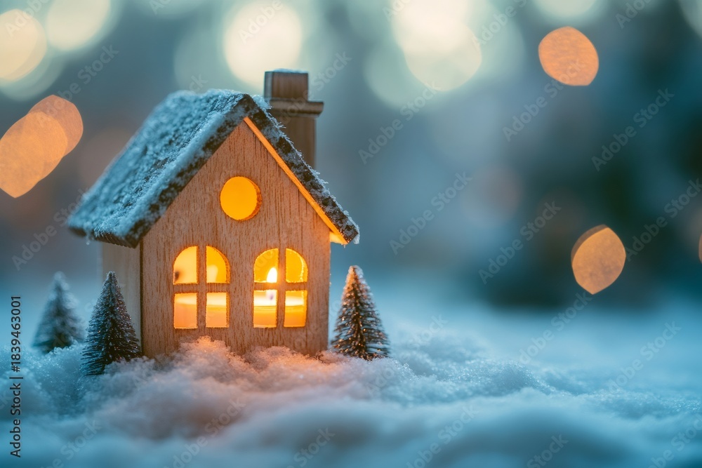 Fototapeta premium Miniature house glowing warm light in winter snow