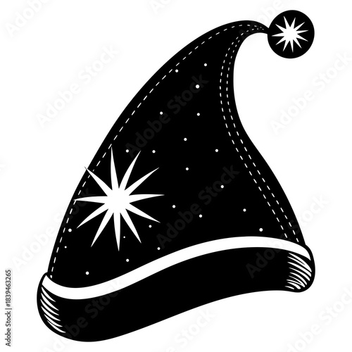 Black santa hat with stars and pom pom isolated on white background