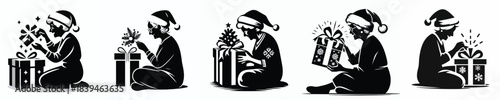 vector silhouette of a grandma opening a Christmas present
