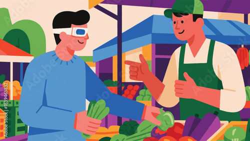 Illustration Of Visually Impaired Person Is Selecting Fresh Produce, Guided By A Market Vendor Who Is Describing The Items Vector Design Template