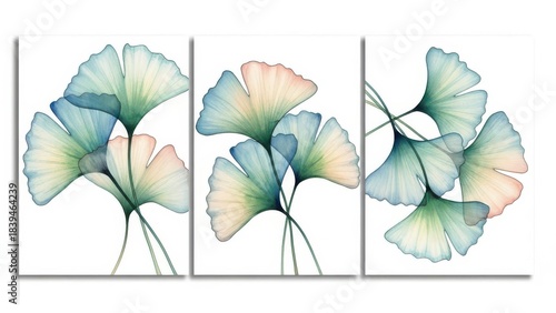 Abstract ginkgo leaf triptych wall art in soft pastel tones for home decor