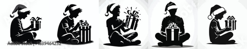vector silhouette of a man opening a Christmas present