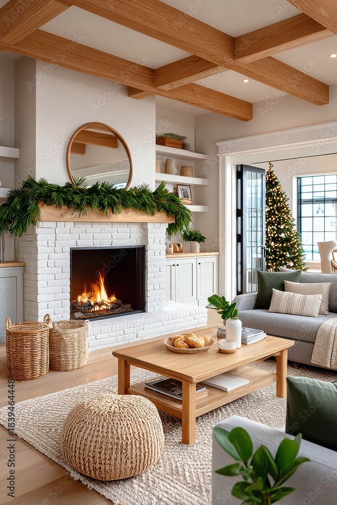 Obraz premium Cozy modern living room with fireplace, Christmas tree, greenery garland, and warm natural decor