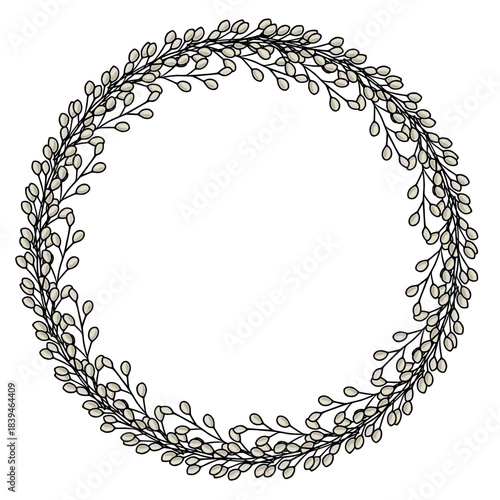 Delicate Pussy Willow Branches forming a Circular Wreath, vector illustration with a hand-drawn aesthetic and soft, muted color palette.