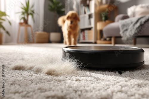 Robot vacuum cleans dog hair from carpet while pet dog watches in cozy living room