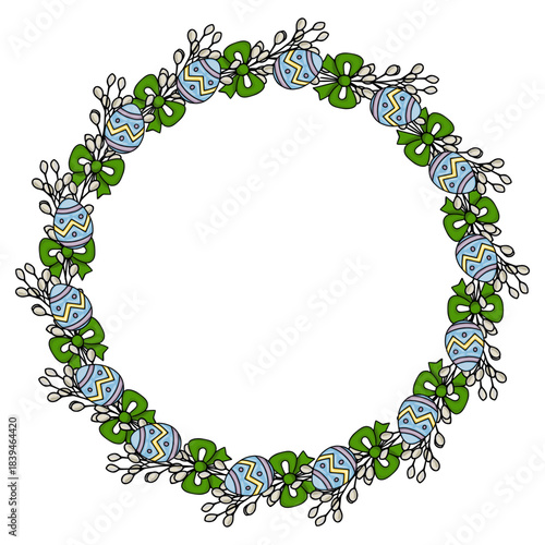Whimsical vector Easter wreath with pussy willow branches, blue patterned eggs, and green bows, perfect for spring celebrations.