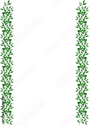 Elegant vertical border vector with cascading green leaves and delicate branches, perfect for invitations and naturalistic designs.