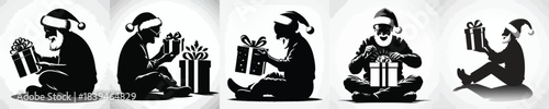 vector silhouette of a grandpa opening a Christmas present