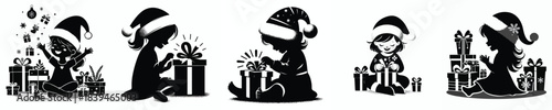 vector silhouette of a little girl opening a Christmas present
