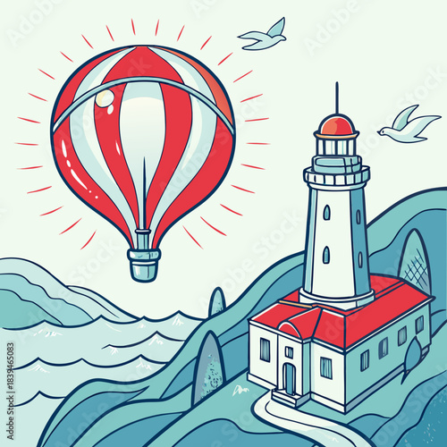 Colorful hot air balloon floating above lighthouse and rolling hills with waves in serene landscape