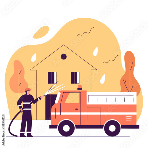 Firefighter extinguishing flames with hose near house and fire truck in bright orange and yellow background