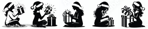 vector silhouette of a woman opening a Christmas present