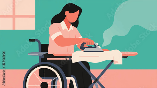 Illustration Of Woman In A Manual Wheelchair Is Carefully Ironing A Shirt On A Height-Adjustable Ironing Board Vector Design Template