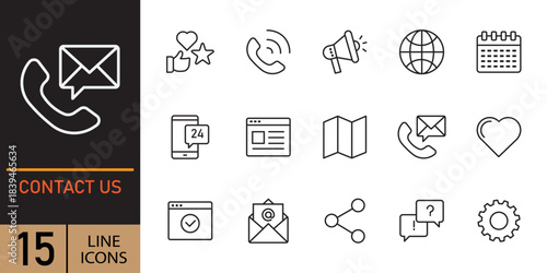 Contact us icons. Thin lines icons set for user interfaces. Collection of hand drawn outline icons representing contact information and communication methods. Collection communication and contact icon