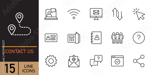 Contact us icons. Thin lines icons set for user interfaces. Collection of hand drawn outline icons representing contact information and communication methods. Collection communication and contact icon