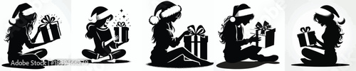 vector silhouette of a woman opening a Christmas present