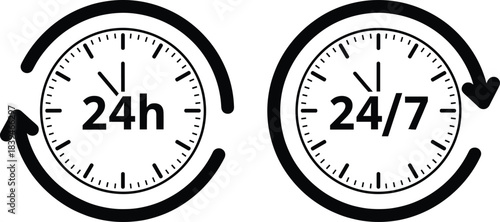 24 Hour and 24/7 Service Clock Silhouette Vector Icons Set