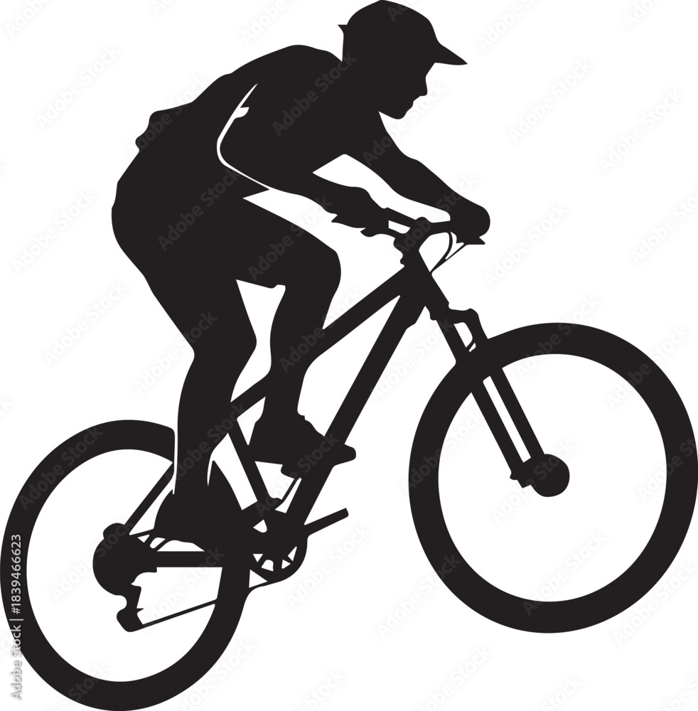 Fototapeta premium Black silhouette of a cyclist on a mountain bike performing a jump bicycle black and white