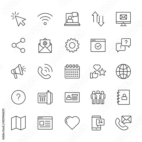 Contact us icons. Thin lines icons set for user interfaces. Collection of hand drawn outline icons representing contact information and communication methods. Collection communication and contact icon