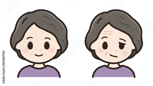 健常と左顔面神経麻痺の高齢女性のイラスト