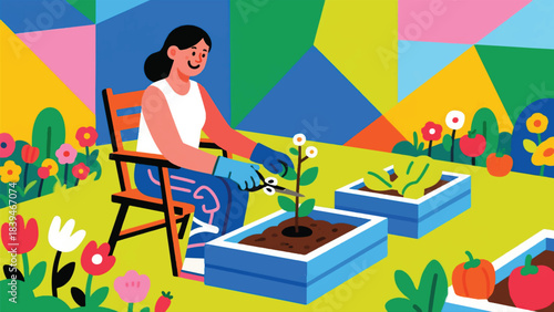 Illustration Of Woman With A Spinal Cord Injury, Sitting In A Garden Is Tending To Raised Garden Beds Vector Design Template