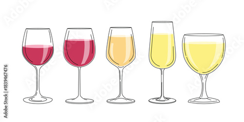 Wine glasses with white and red wine. Set of utensil in flat modern simple minimalistic style. Vector illustrations isolated on white background.
