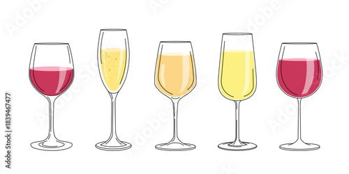 Wine glasses with white and red wine. Set of utensil in flat modern simple minimalistic style. Vector illustrations isolated on white background.